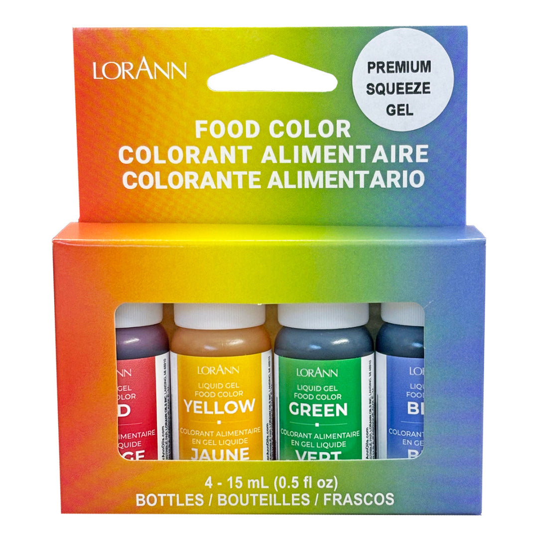 LorAnn food color packaging with four bottles in a rainbow gradient.